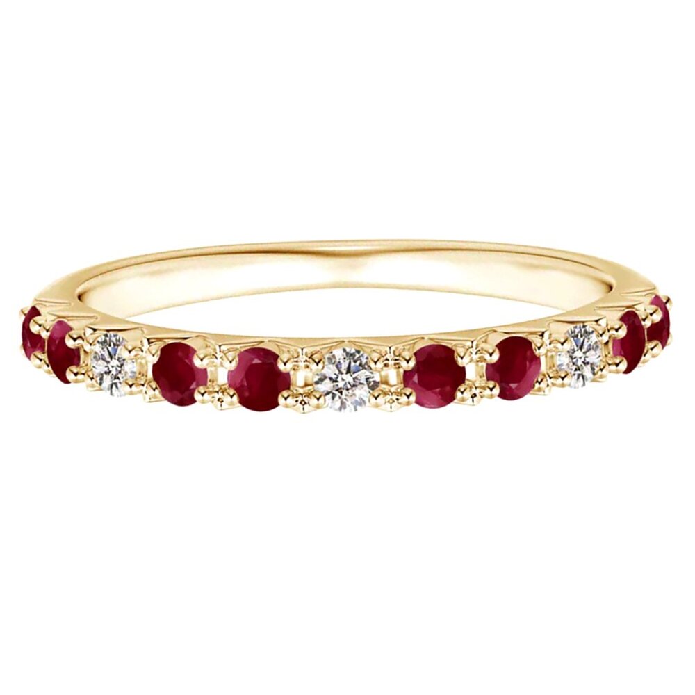 2MM Round Natural Ruby Half Eternity Ring 925 Sterling Silver Yellow Plated